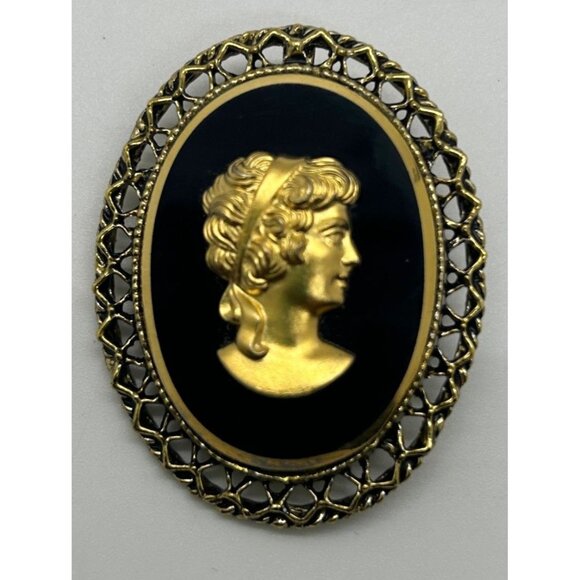 Vintage Cameo Brooch Black & Gold Oval Victorian Style Pin 2 inches - Picture 6 of 9